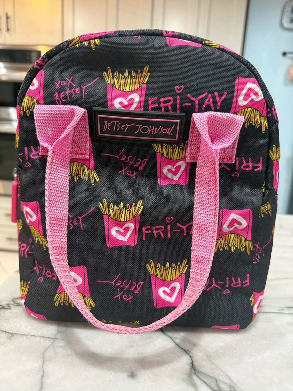 Betsey Johnson Insulated Lunch Bag Tote Fri-Yay French Fries Black Pink Hearts